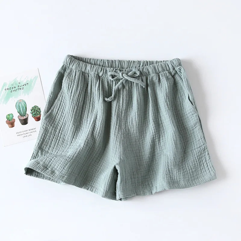 Women Summer Shorts Cotton Double-layer Gauze Sleep Bottoms Thin Loose-fitting Pajama Pants Home Pants Solid Sleep Shorts