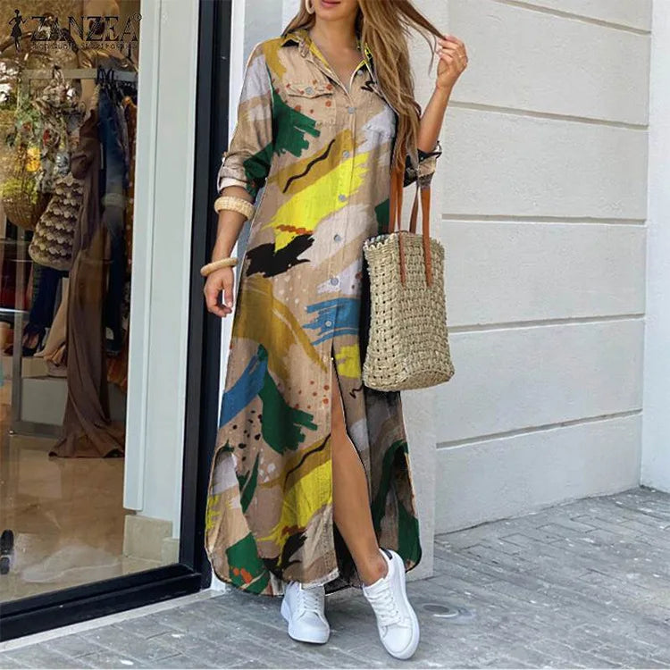 Camouflage Leopard Letters Floral Printed Dresses for Women 2025 Buttons Long Sleeve Loose Split Casual Solid Maxi Dress Robe