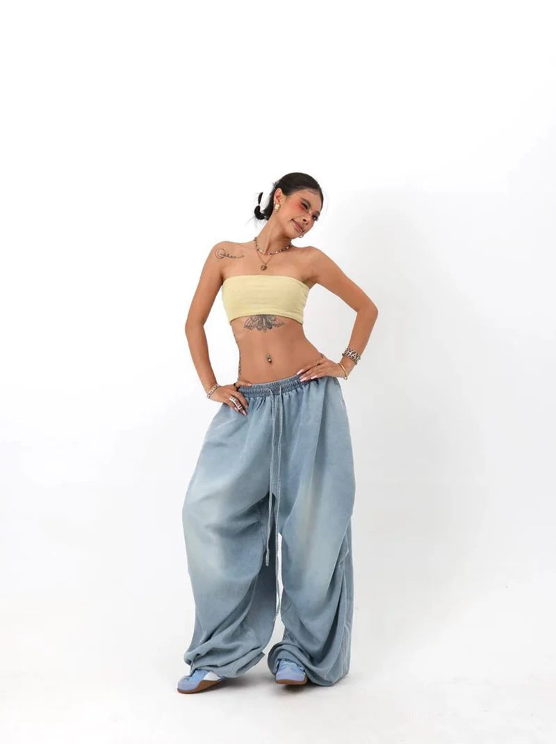 Autumn Oversized Women Wide Leg Jeans Y2K Hip Hop Streetwear Loose Denim Pants High Waist Drawstring All Match Straight Trousers