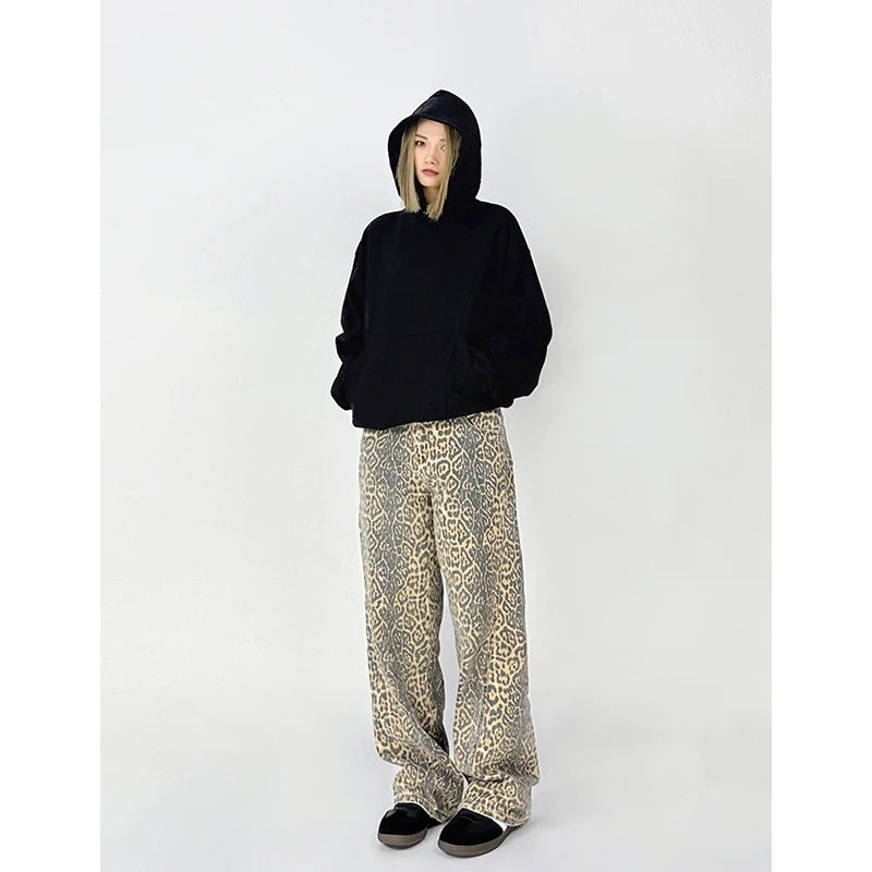 American Retro High Street Casual Overalls Leopard Print Loose Wide Leg Pants For Women Y2k Hip-hop Cargo Grunge Baggy Trousers
