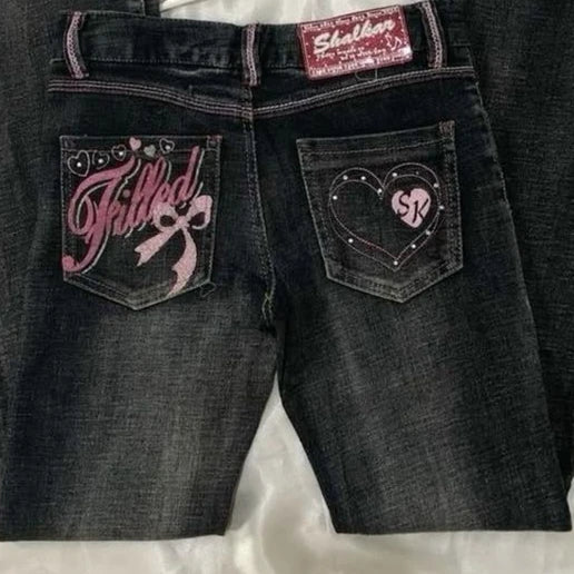 Gothic Hot Sweetheart Jeans Y2K Clothes Hip Hop Love Letter Graphic Retro Baggy Jeans Smart Casual High Waist Wide Leg Trousers