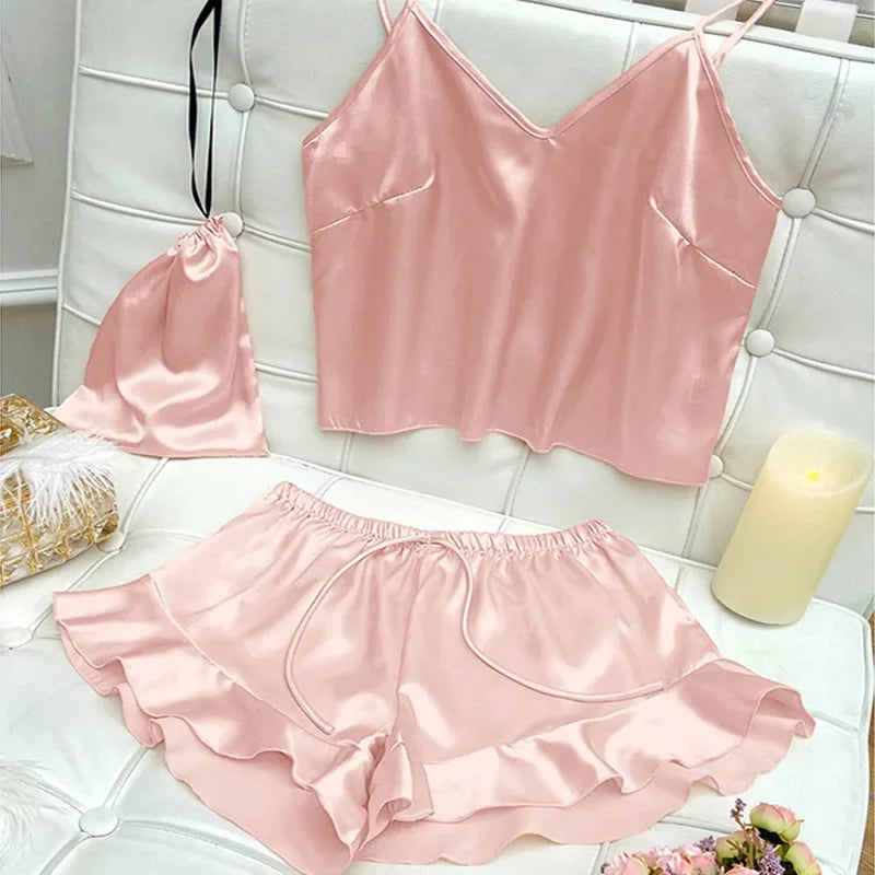 Fashion Sexy Underwear Set Women's 2 Pieces Sleepwear Pyjamas Silk Satin Bellyband Cami Top and Shorts Pajamas for Women Pijamas