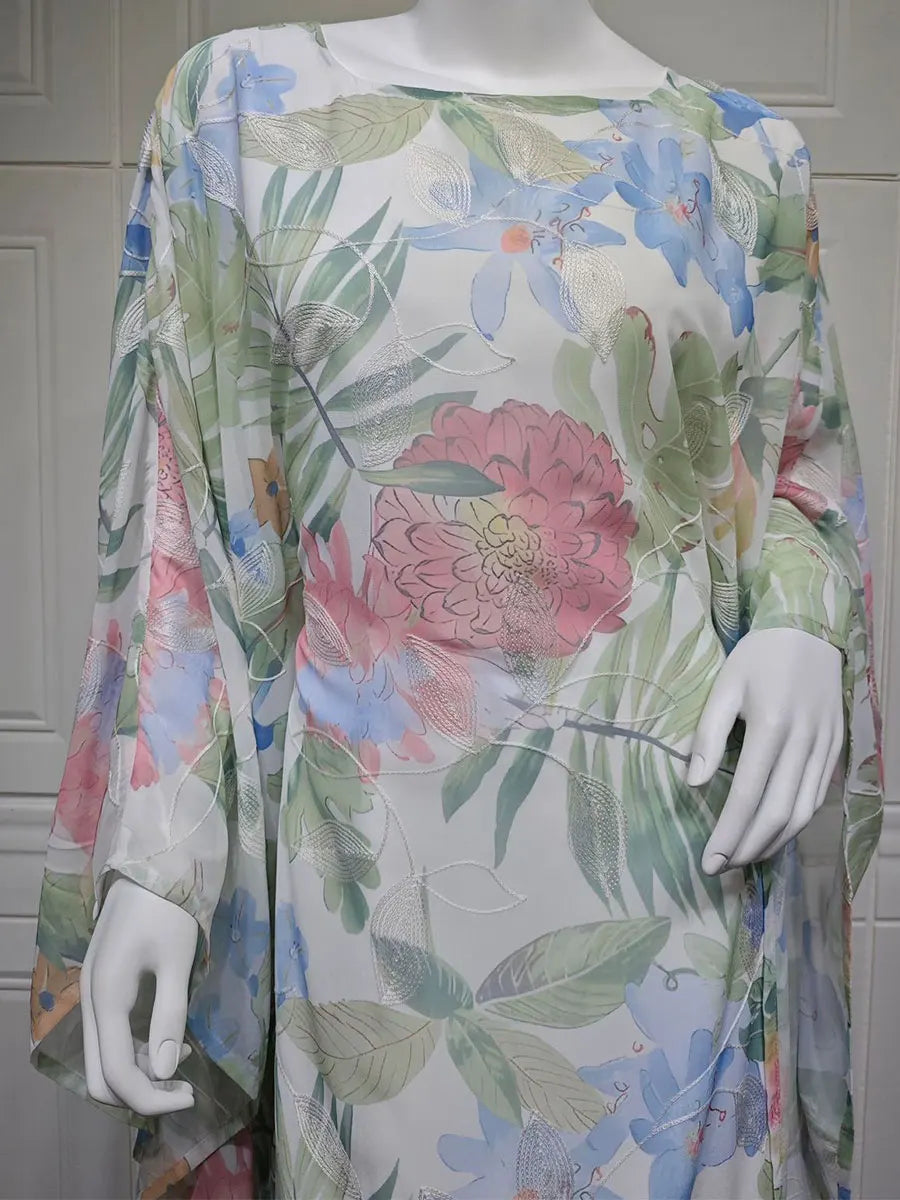Siskakia Muslim Printing Dress For Woman Batwing Sleeve O-Neck Dubai Abaya Elegant Casual Loose Moroccan Saudi Kaftan Fashion