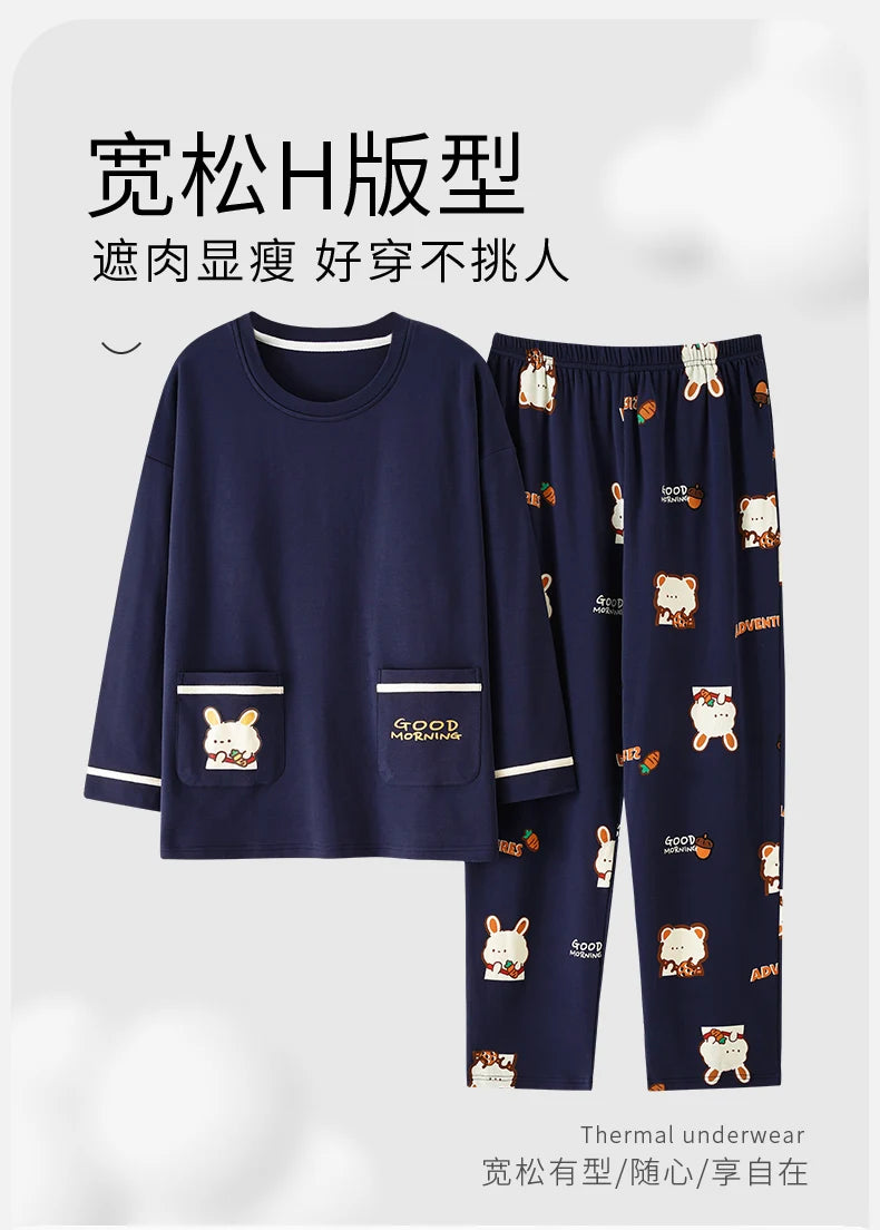 SUKAE M-5XL Big Size Women Pajama Set Autumn Winter New Cotton Long Sleeves Woman Sleepwear Casual Girl Pijama Cartoon Nightwear
