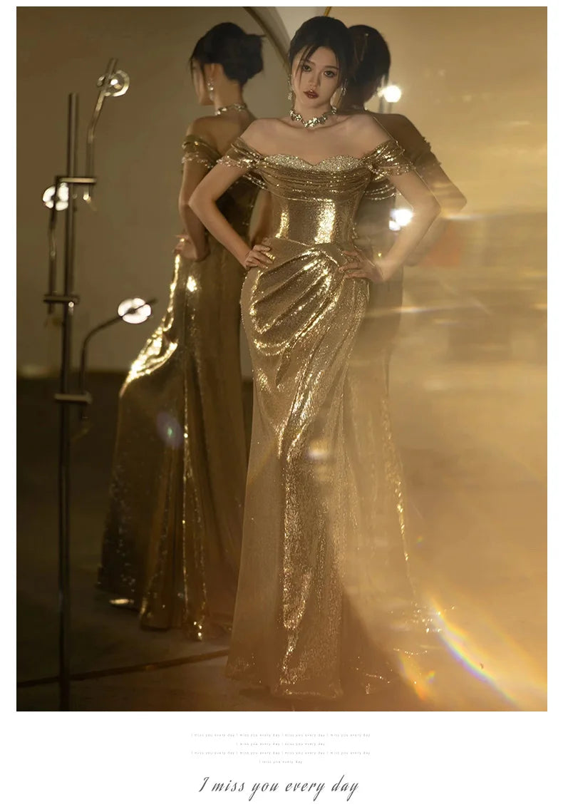 Lautaro Spring Praty Birthday Evening Dresses Woman Off Shoulder Backless Elegant Luxury Prom Floor Length Gold Sequin Dress