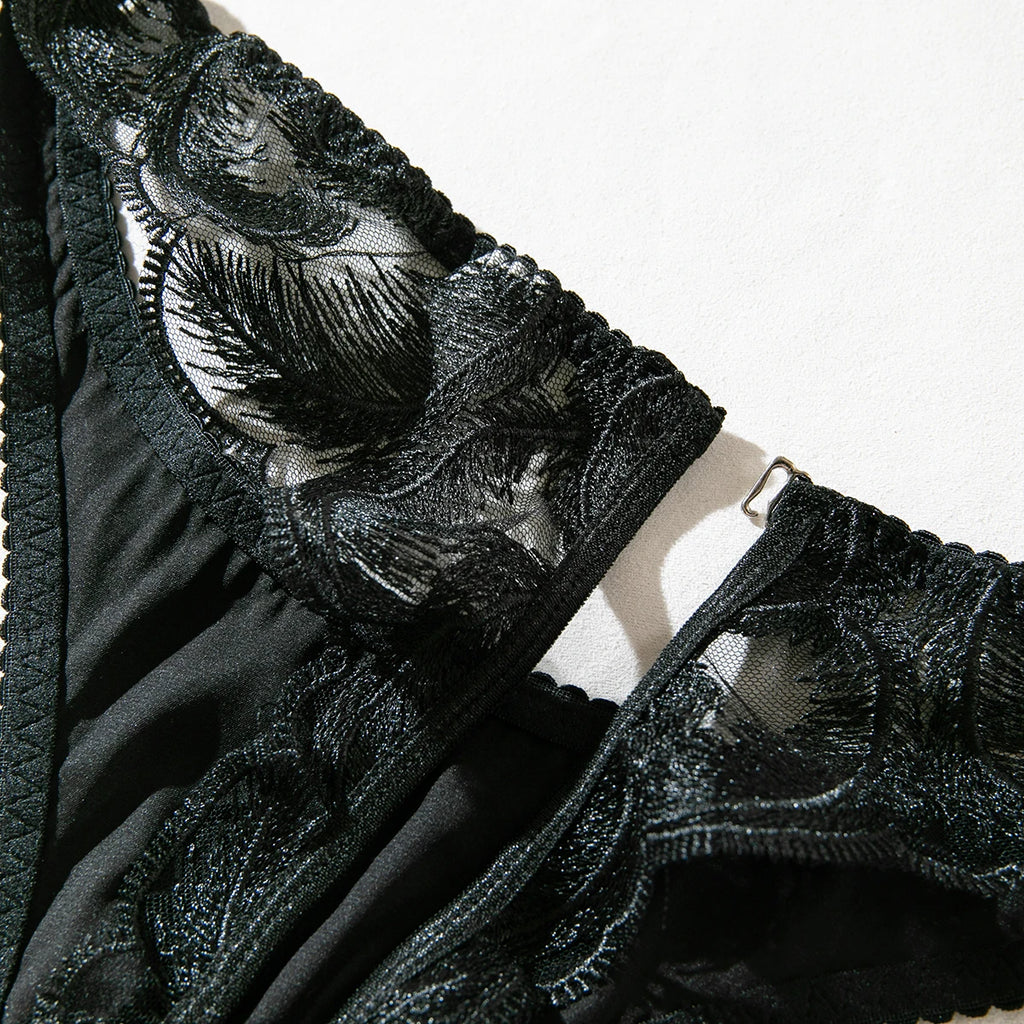 Krasapt New Fashion Sexy Hollow Out Satin Splicing Sexy Female Underwear Women's Embroidery Lingerie Set With GLoves Intimates