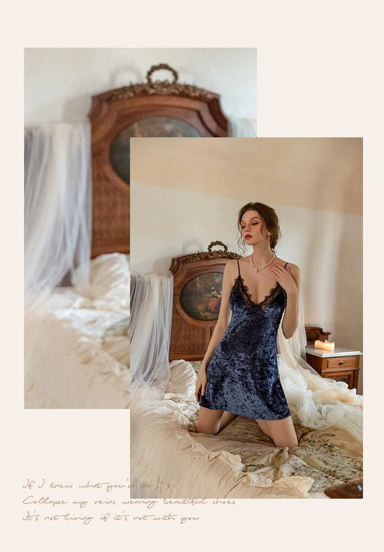 Loose Kimono Princess Bathrobe Set Blue Robe Suit Women Winter Warm Velvet Nightgown Sexy Chemise Sleepwear Lace Nightwear