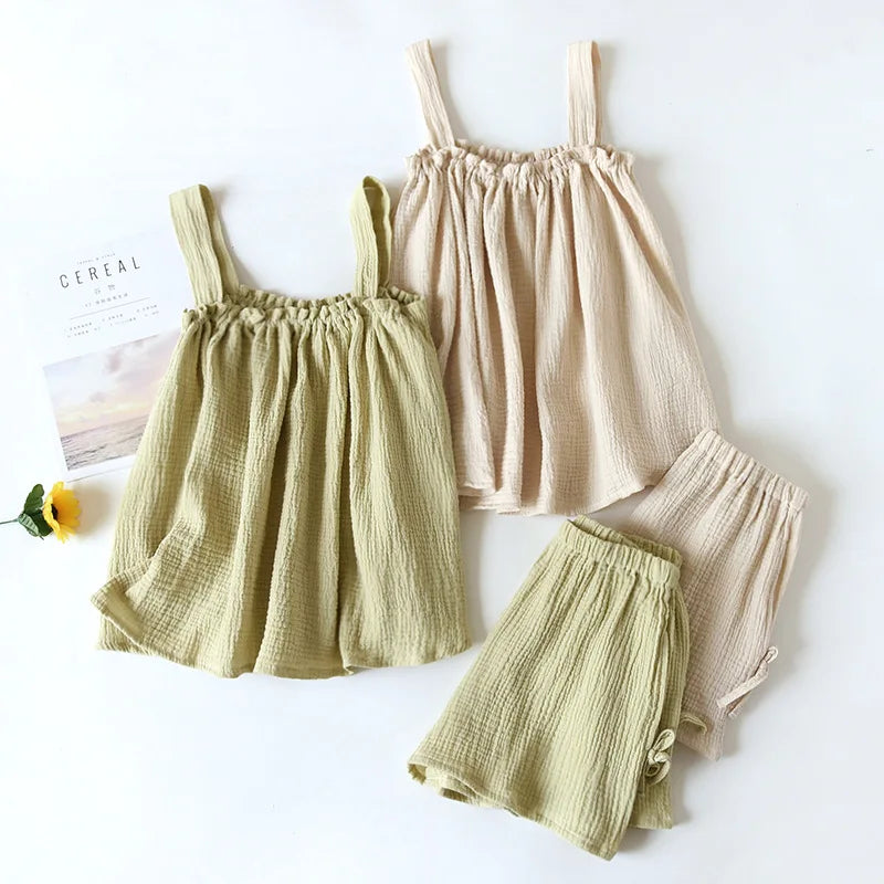 Fdfklak Pijamas Sexy Mujer Summer Sleeveless Gauze Cotton Women's 2 Piece Set Pyjamas Elegant New Soft Home Nightwear