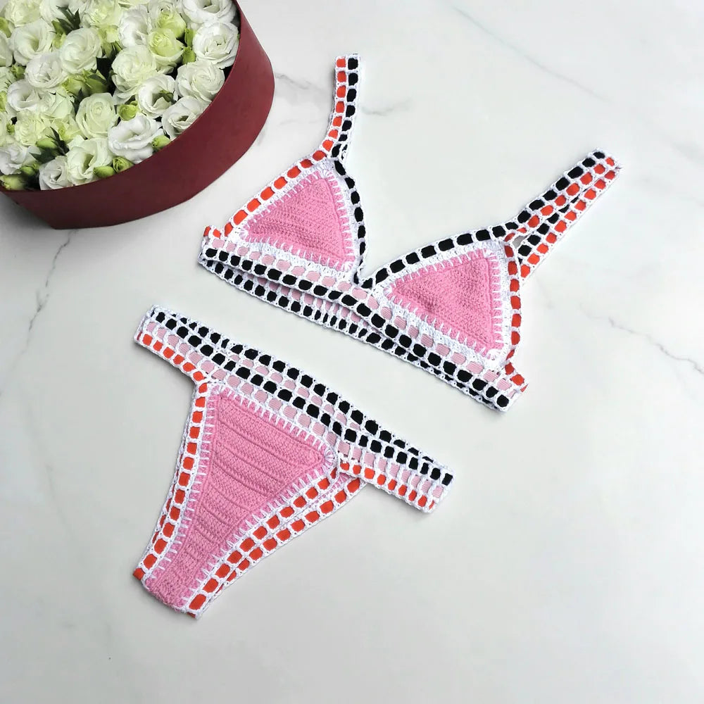High Quality Women Handmade Crochet Bikini Set Cotton Crochet Colorful Sexy Boho Swimwear Vacation Beachwear Bathing Suit