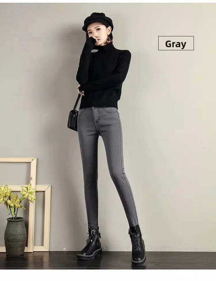 High Waist Fleece Lined Skinny Jeans Women's Autumn Winter New Style Pure Color Slimming Tight Fit Ankle Length Pants