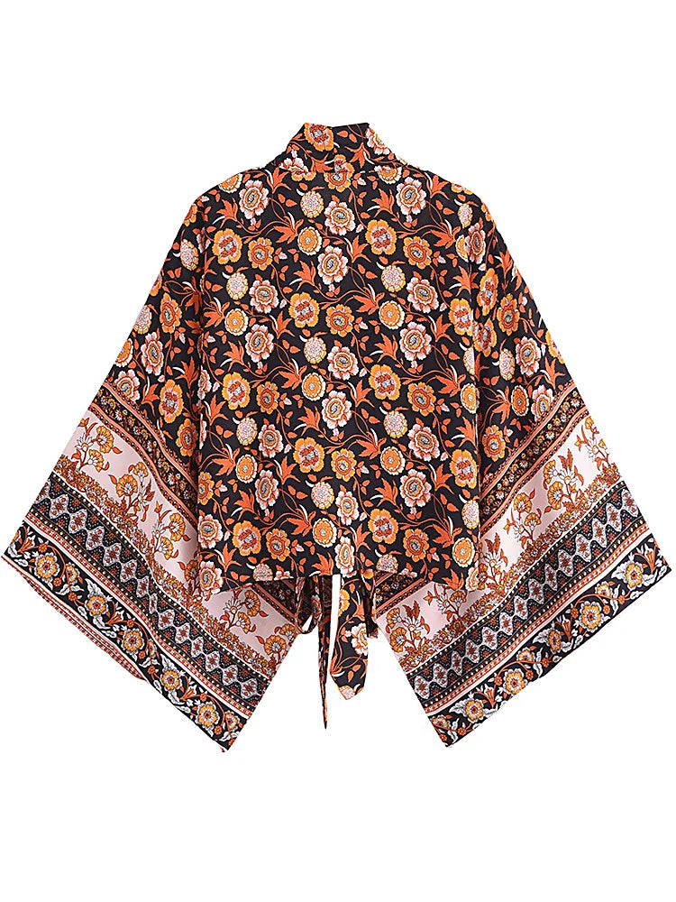 Vintage Women Fashion Boho Kimono Short Robe Swimsuits Floral Batwing Sleeves Rayon Bohemian Bikini Cover Ups Beachwear