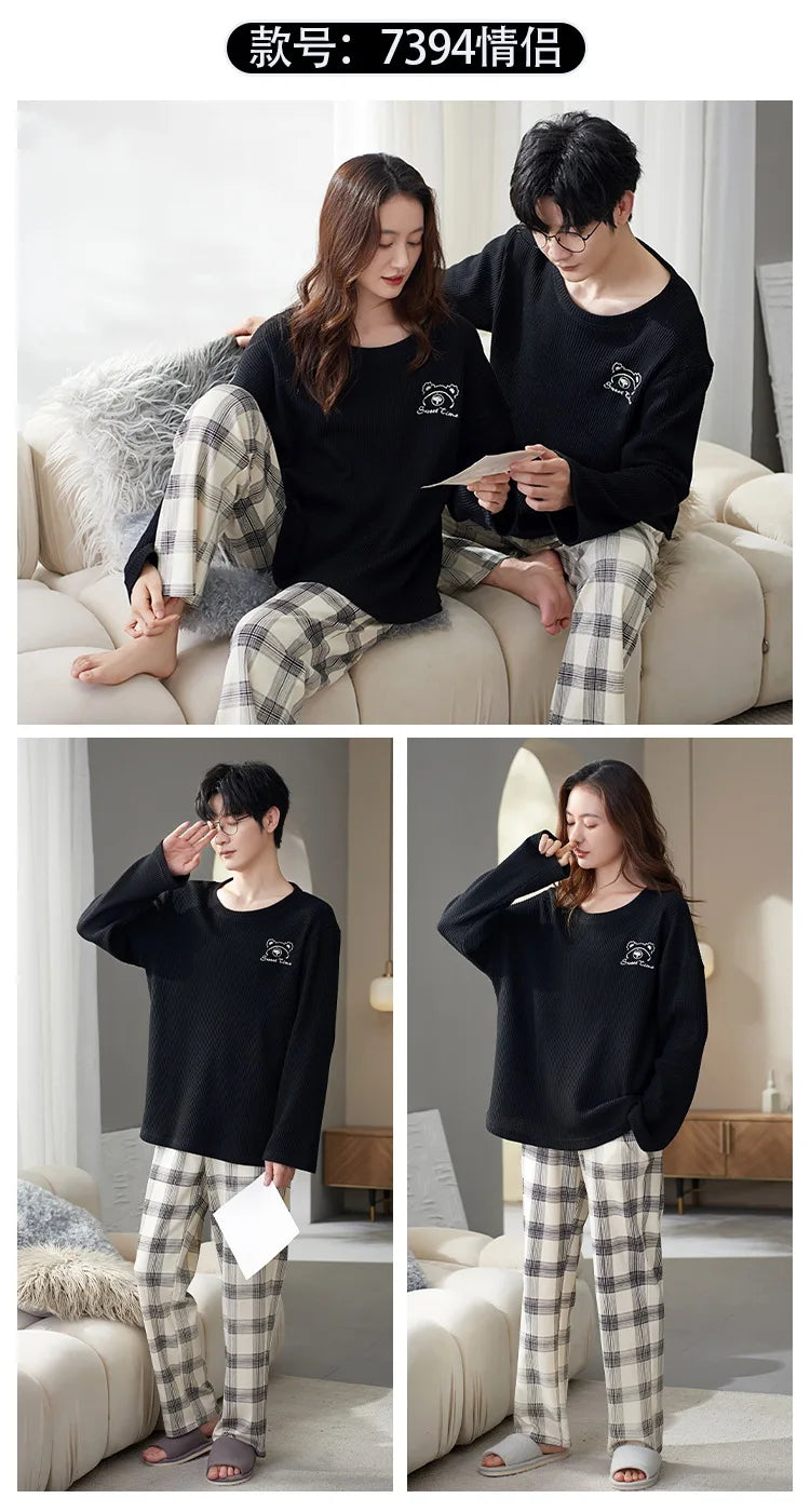 Couple Long Sleeves Sleepwear Autumn Winter Cotton Pajama Sets Print Pants Homewear Kawaii Clothes 2 Piece Sets Nightwear Lovers