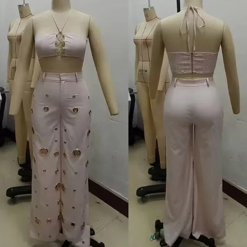 Sexy Night Party 2 Piece Sets Women Outfit Clubwear Festival Clothing Halter Strapless Crop Top and Hollow Out Wide Leg Pants