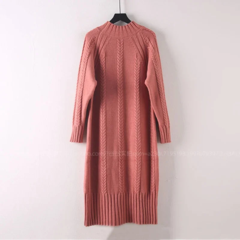 Winter Thicken Plush Velvet Lined Sweater Dress Women's Fall Half Turtleneck Rib Knit Bottom Dresses Elegant Warm Vestido Midi