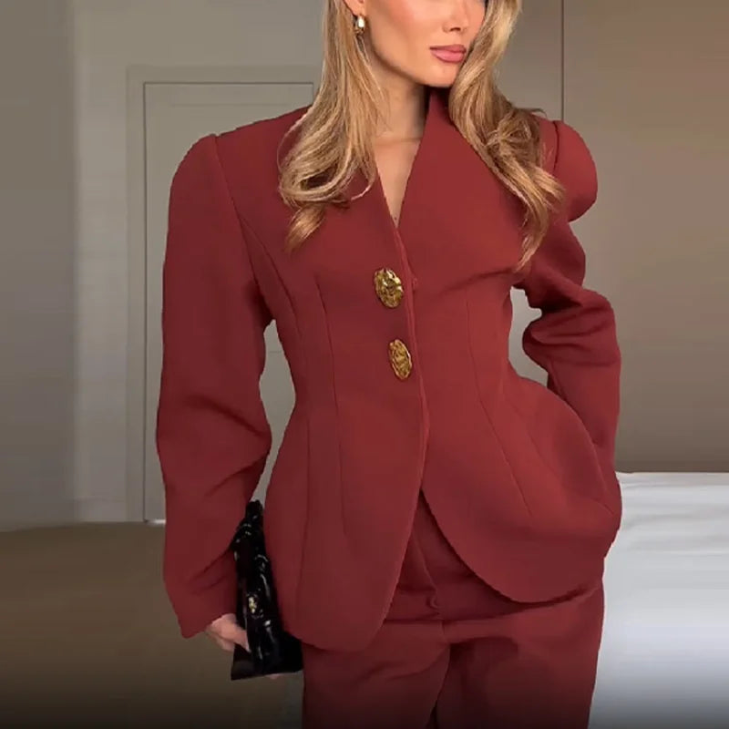 Fashion Solid V-neck Suit Casual Solid Long Sleeves Shoulder Pad Waist-cinching Pant Suit 2025 Autumn  Lady Daily Street Outfit