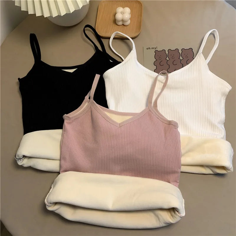 2PCS Women Winter Warm Underwear T-shirt Set Solid Color Thermal Casual Nightwear Sexy Elasticity Thin  Velvet Sleeveless Tops
