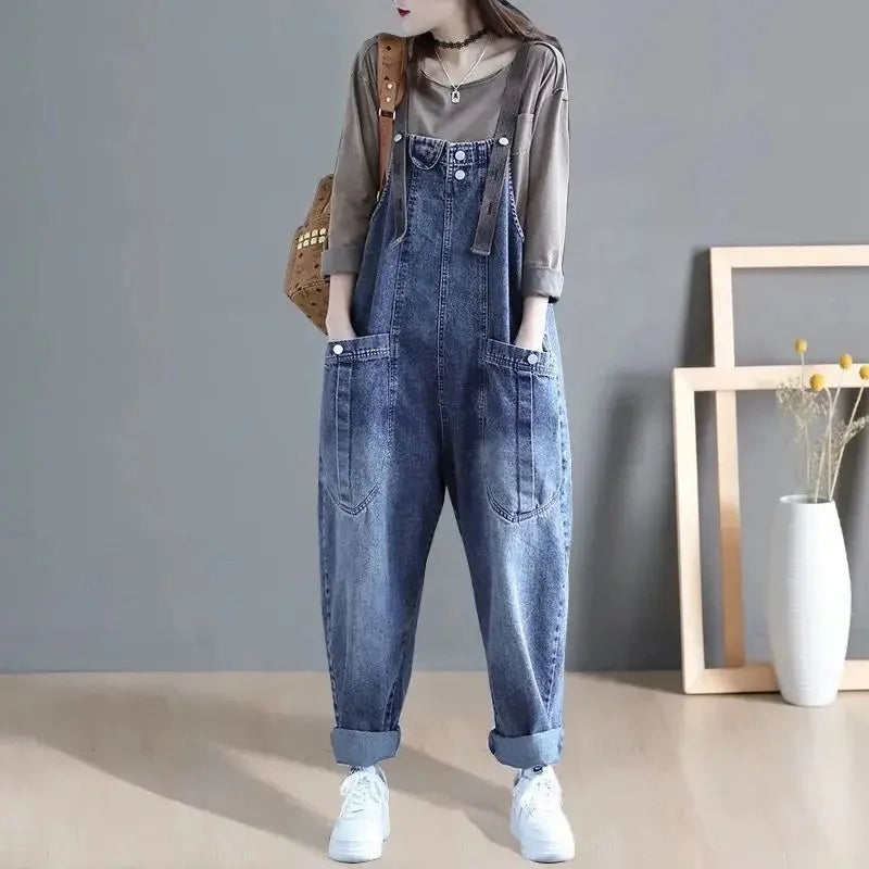 Loose Casual Denim Overalls Women's Wide Leg Pants Harem Jumpsuits Ageless plus Size New 2025 Fashion from Mainland China