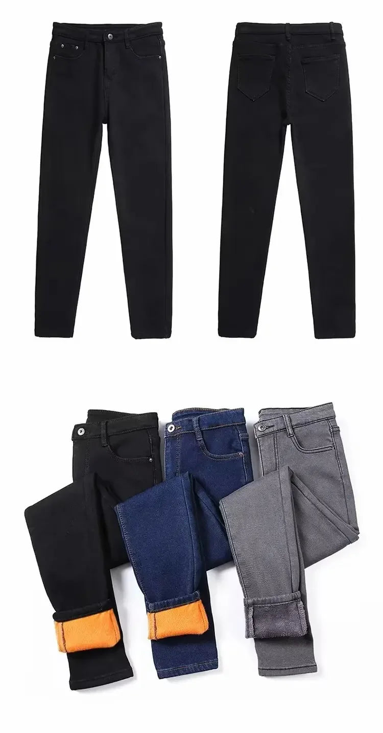 High Waist Fleece Lined Skinny Jeans Women's Autumn Winter New Style Pure Color Slimming Tight Fit Ankle Length Pants
