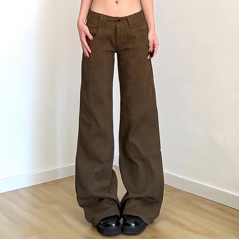 Brown Wide Leg Women's Jeans Y2K Grunge Style Low Rise Baggy Denim Pants Vintage Retro Casual Streetwear Korean Fashion Trousers