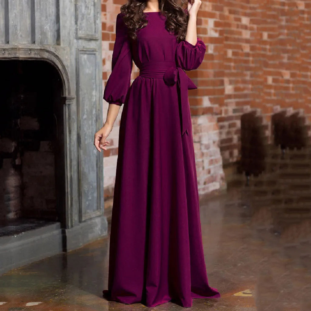 Women's Long Sleeve Dress A Line Solid Tie Up Waisted Formal Dresses For Women Vintage O Neck Medieval Long Dresses For Women