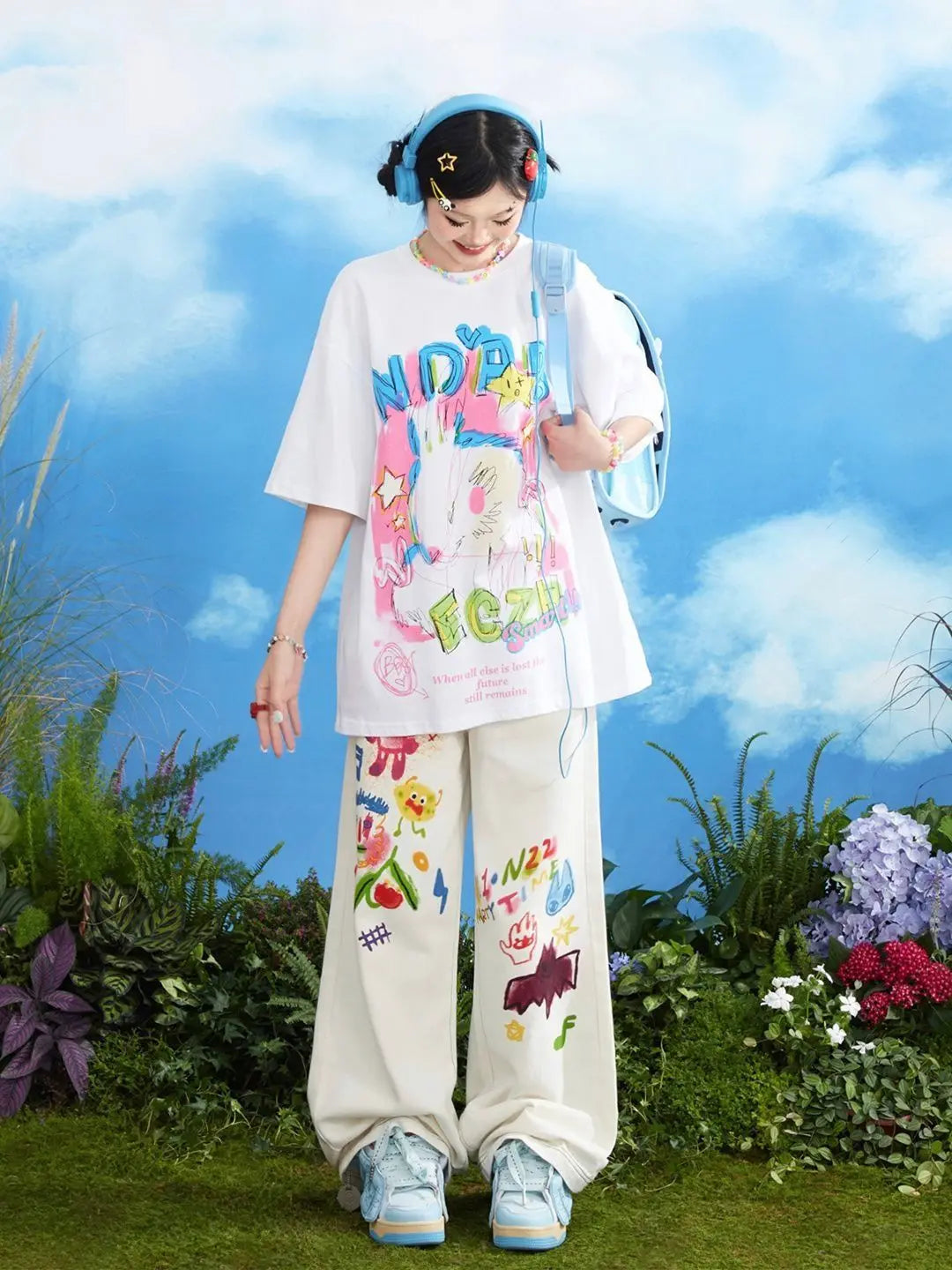 Kawaii Cartoon Young Style Sweet Summer Straight Jeans Women Printing Pockets Zipper Fashion Loose High Waist Wide Leg Trousers
