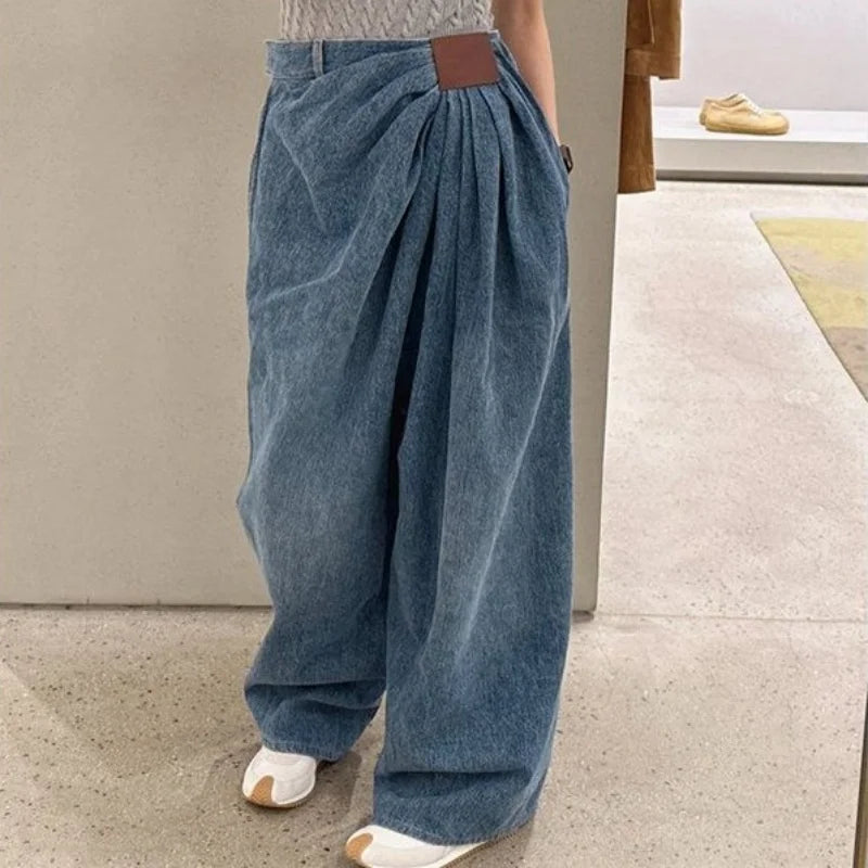 Limiguyue Luxury Brand Loose Pleated Casual Wide Leg Jeans Women Spring Autumn Mid Waist Denim Trousers Washed Long Pants 231A
