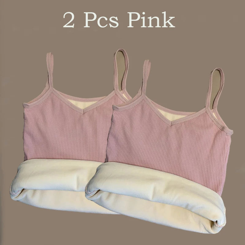 2PCS Women Winter Warm Underwear T-shirt Set Solid Color Thermal Casual Nightwear Sexy Elasticity Thin  Velvet Sleeveless Tops