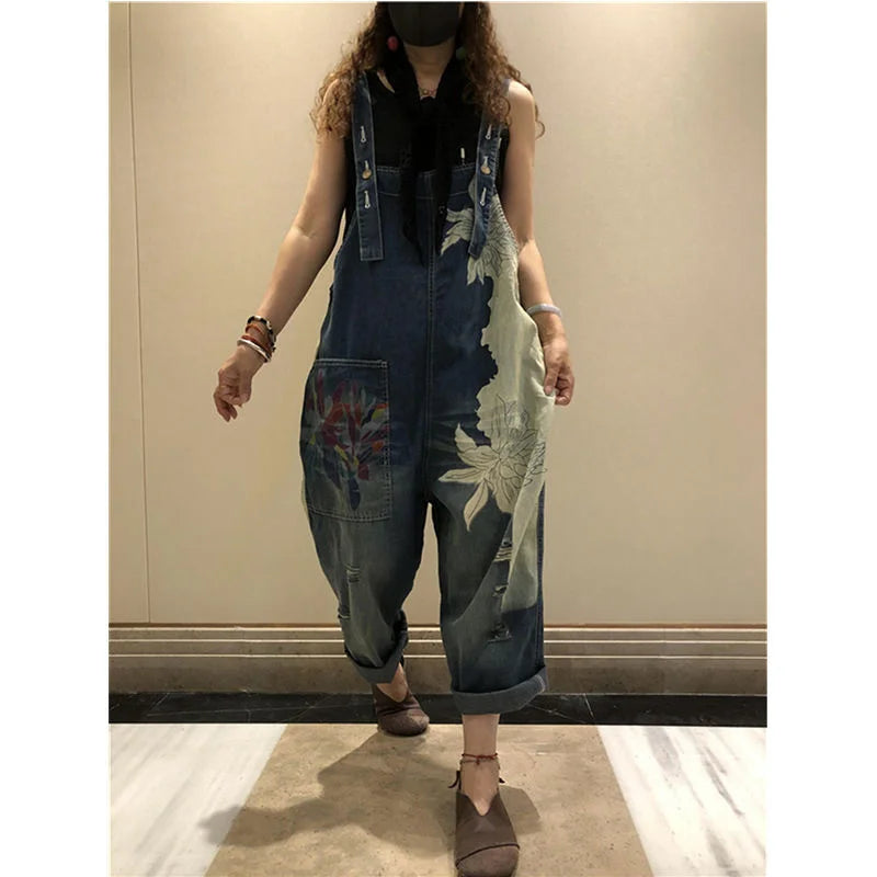 Amax luluE 2025 Korean Fashion Spring Female Printed Denim Overalls Ladies Vintage Casual Jeans Women Loose Trousers Wide Pants