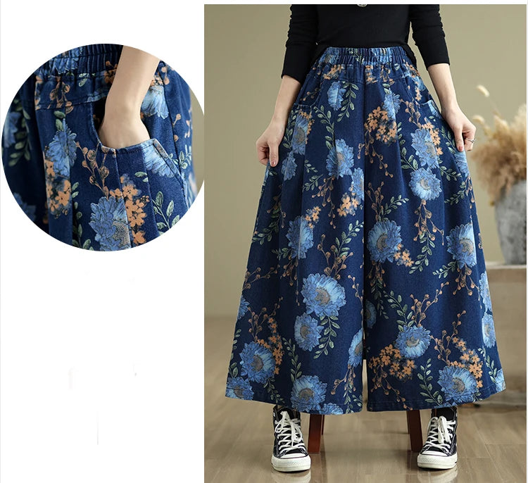NYFS 2025 New Summer Vintage Print Woman Jeans Loose Plus size Trousers Elastic Waist Denim Wide Leg Pants