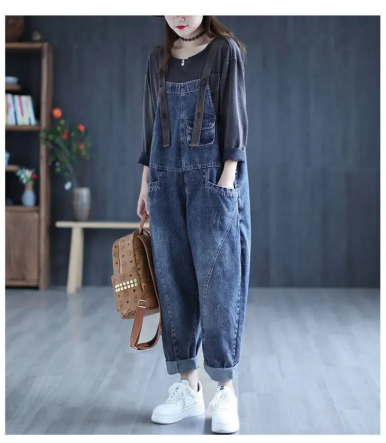 Loose Casual Denim Overalls Women's Wide Leg Pants Harem Jumpsuits Ageless plus Size New 2025 Fashion from Mainland China