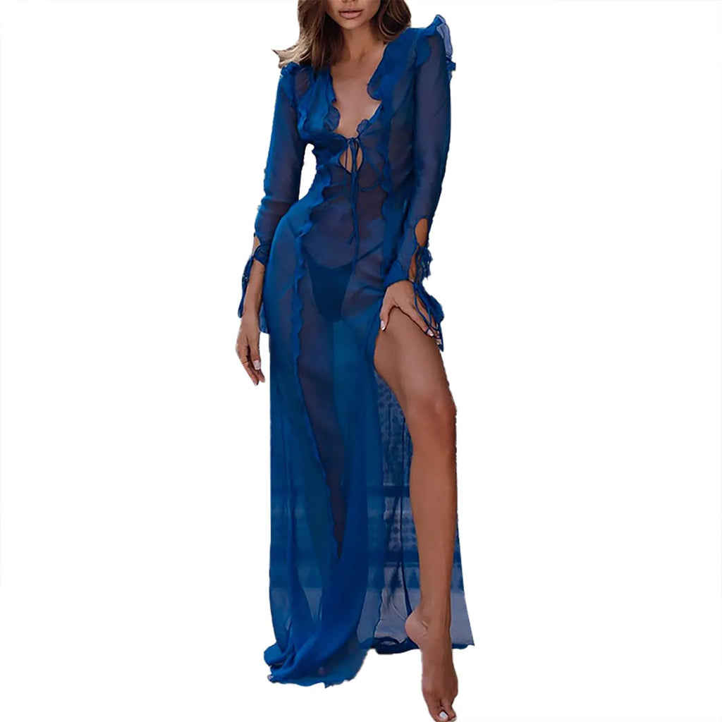Luxury Women'S Elegant Dress Outfits Women'S Transparent And Beautiful Side Tie V Neck Slit Vestidos Elegantes Para Mujeres