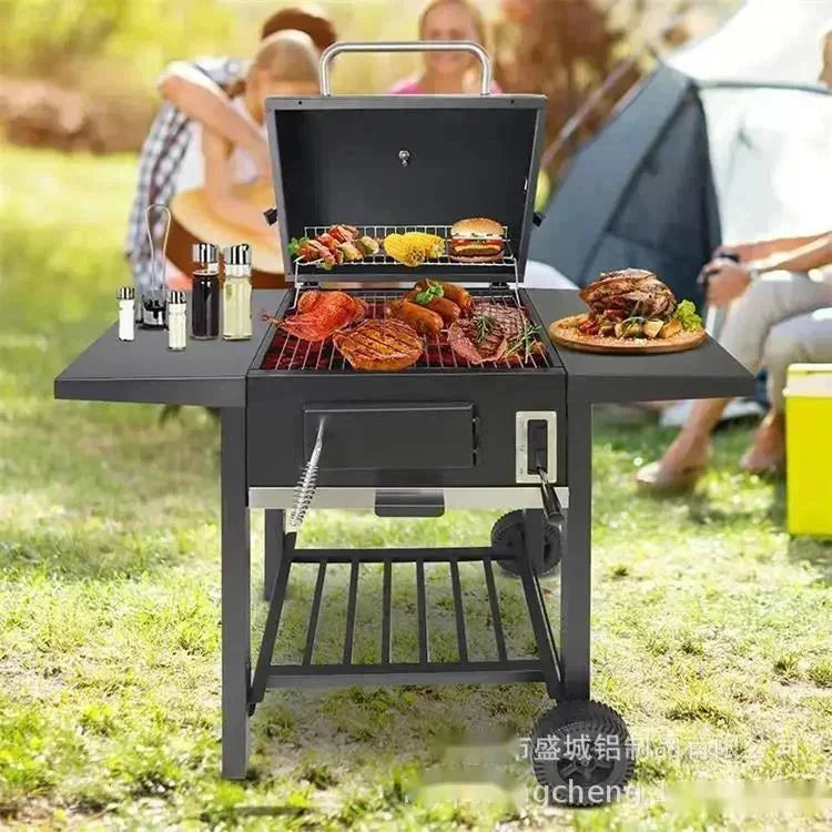 Large Charcoal Grill Smoker BBQ Grill Outdoor Camping Stove with Wheels Heavy Duty Portable Barbecue for Home Party Garden