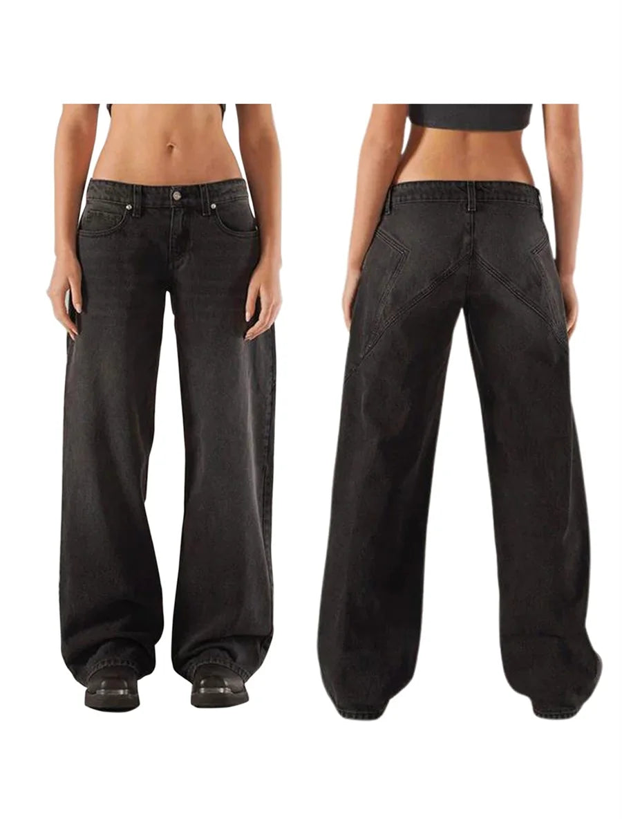 Women's Fall Jeans with Pockets Fashion Loose Fit Casual Solid Low Rise Wide Leg Denim Pants