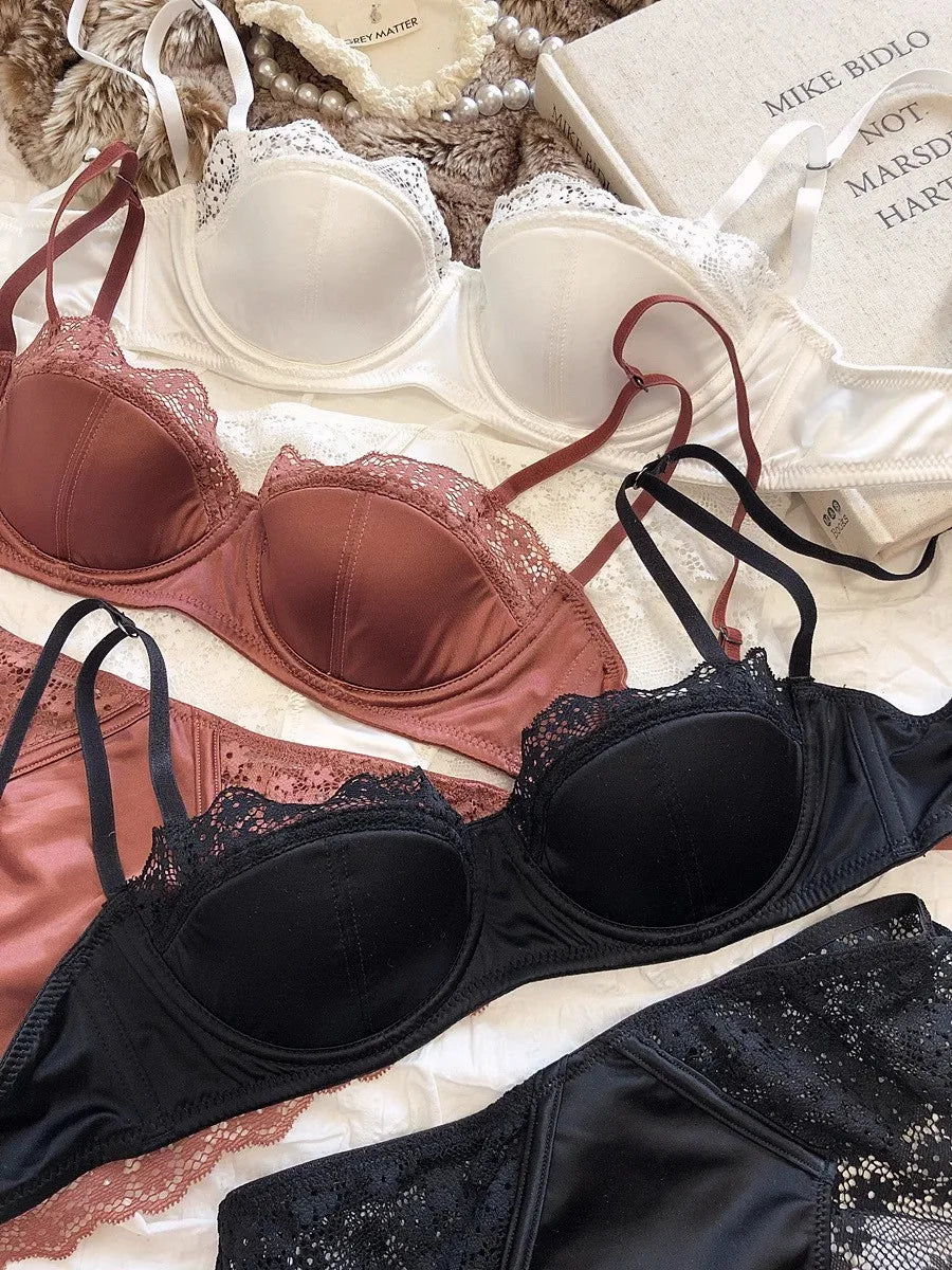 Lace Half-Cup Bra and Panty Set for Small Busts, With Soft Underwire to Gather and Lift, And a Sexy, Lightweight Bra Set.