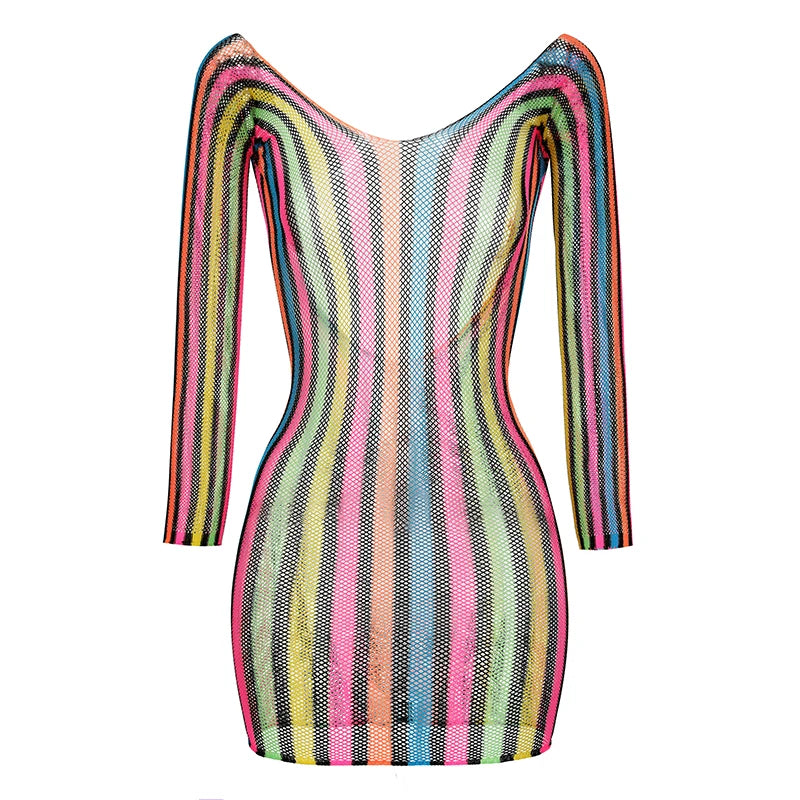 1PC Women Fishnet Cover Up Without Bikini Sexy Lingerie See Through Hollow Out Bodycon Dress Long Sleeve Beachwear CT011