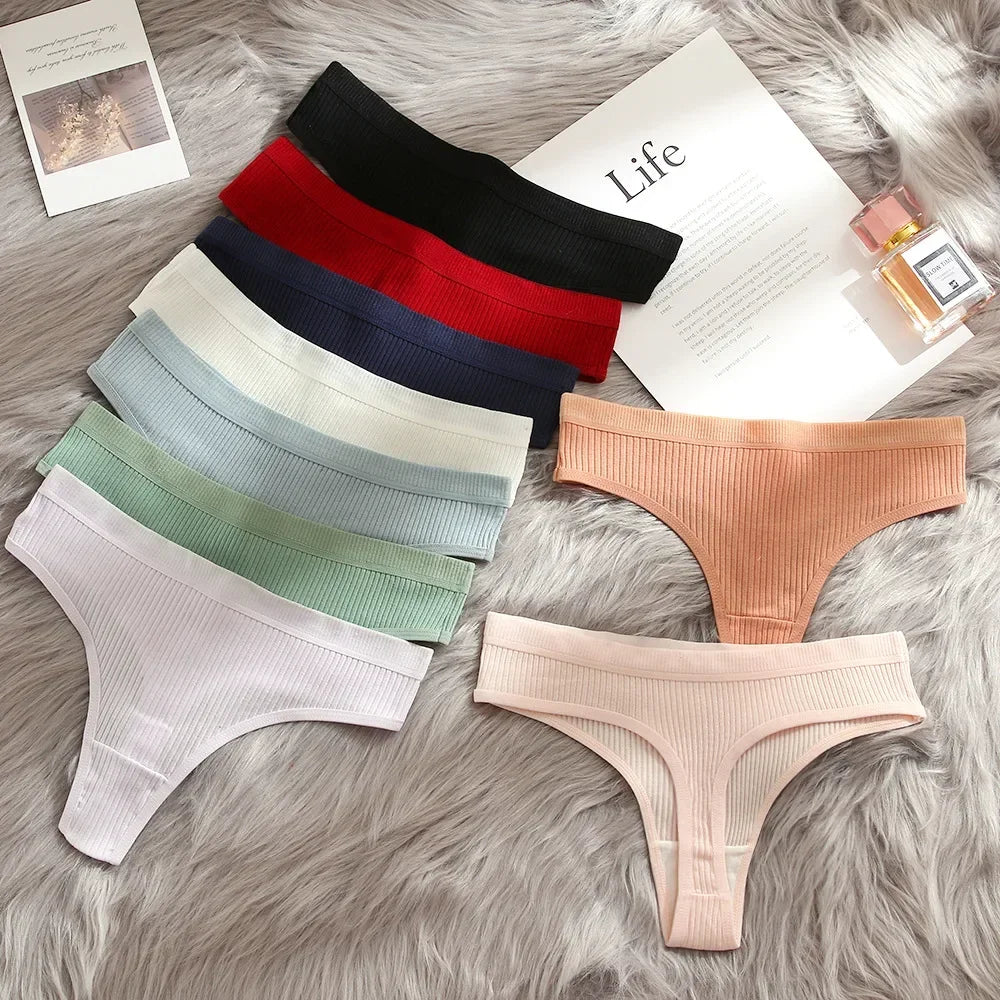 Women's Panties Seamless Ribbed Thongs Low Waist Underpants Comfortable Cotton G-strings Solid Color Underwear Female Lingerie