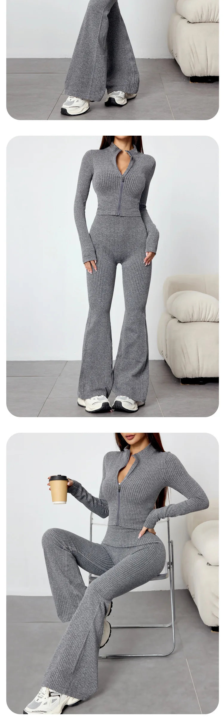 Women's Tight Fitness Yoga Outfit Set with Long Sleeves And Zipper Autumn Winter Sports Jacket And Bell Bottom Pants
