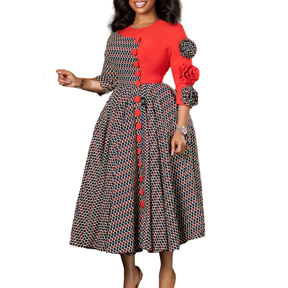 Elegant Dresses for Women 2026 Fall Fashion African 3/4 Sleeve Party Birthday New Robe Chic 3D Flower Plaid Evening A-Line Dress