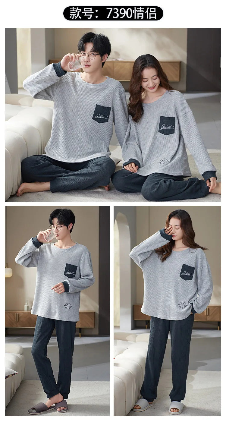 Couple Long Sleeves Sleepwear Autumn Winter Cotton Pajama Sets Print Pants Homewear Kawaii Clothes 2 Piece Sets Nightwear Lovers