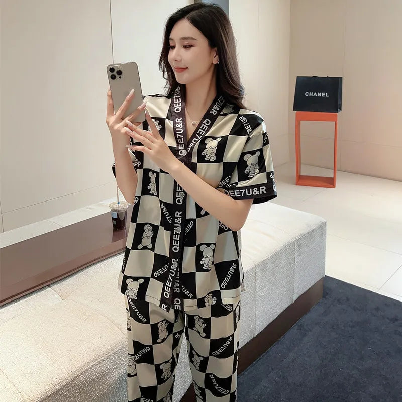 2 Pieces/Set Ladies Pajamas Ladies Homewear Women's Ice Silk Short Sleeve Long Pants Set Large Bear Pajamas Girls Clothes Lounge