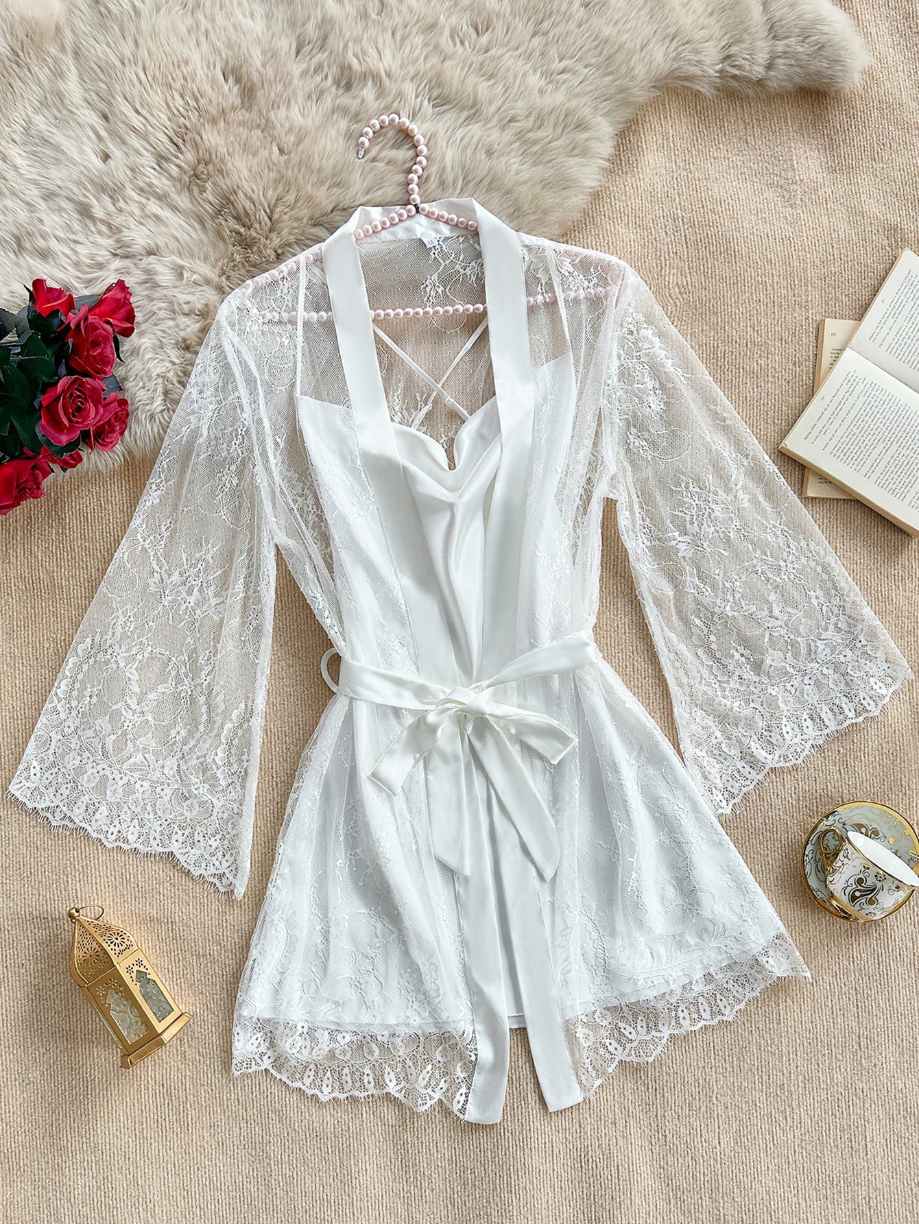 Sexy Elegant Pure Color Mesh Nightgown Set Transparent Lace Robe Sleepwear Casual Comfortable Women's pajamas