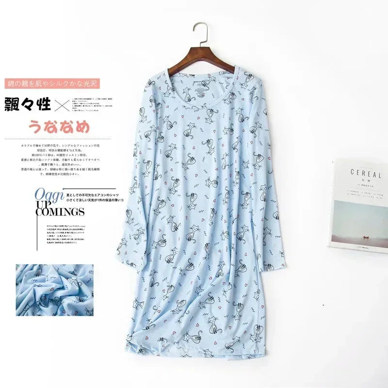 Knitted Cotton Women Plus Size Lingere Nightgown Loose Nightdress Long Sleeve Night Gown Cute Cartoon Home Dress Sexy Sleepwear