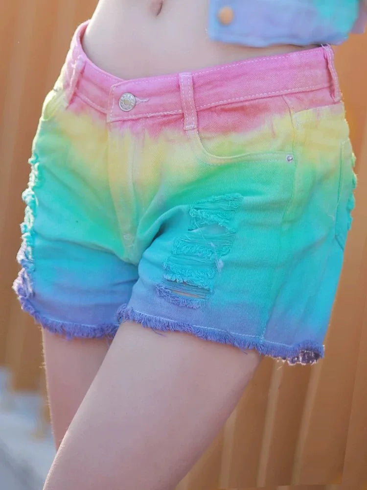 Women's Tie-Dye Low Rise Distressed Denim Shorts New Japanese Fashion High Street Casual Rainbow Soft Girl Versatile Shorts