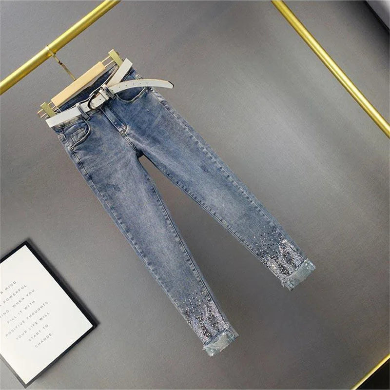 Spring Summer New 2025 Korean Slim Women Jeans Sequins Hot Drilling Denim Pants Ladies Pencil Cowboy Pants Trousers Lady