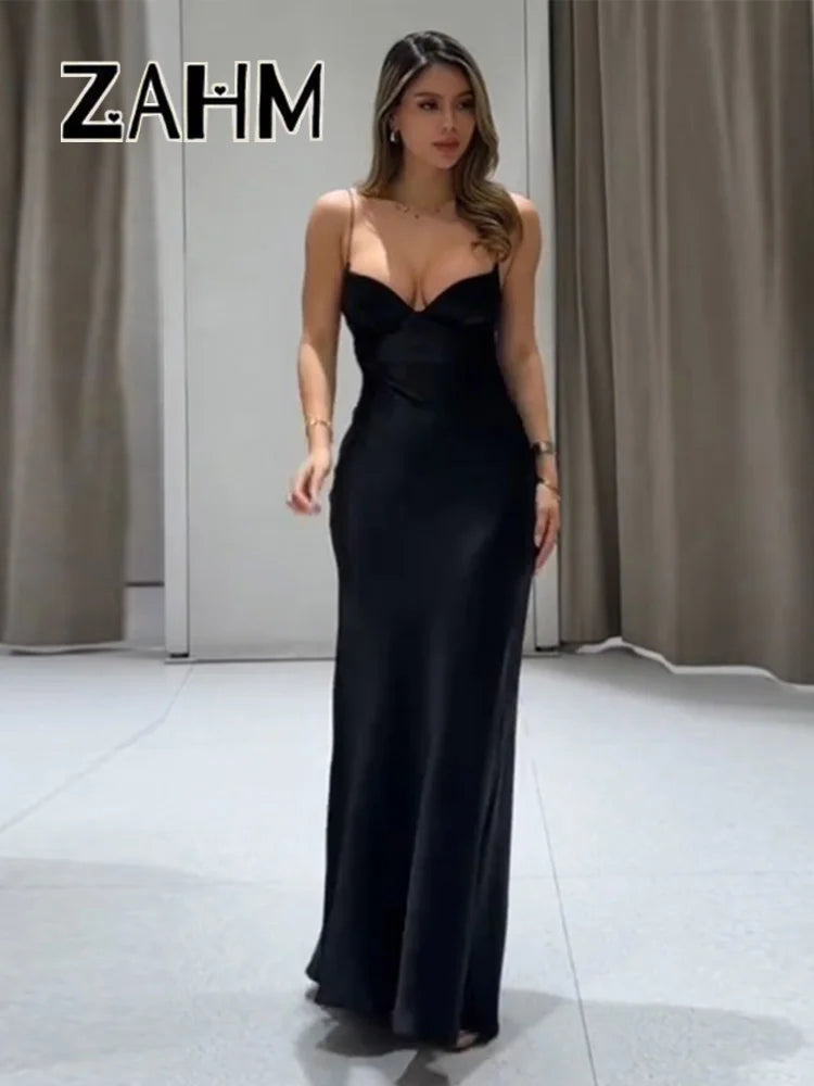 Sexy Satin Long Sling Dress Women Square Collar Sleeveless Backless Pleated Dresses Female 2026 Spring Lady Party Evening Robes