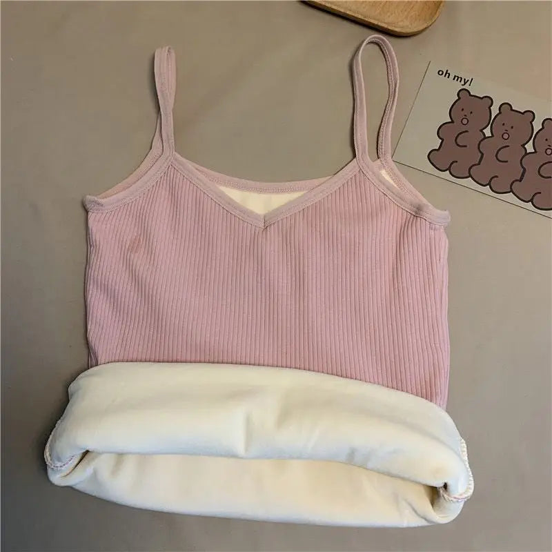 2PCS Women Winter Warm Underwear T-shirt Set Solid Color Thermal Casual Nightwear Sexy Elasticity Thin  Velvet Sleeveless Tops