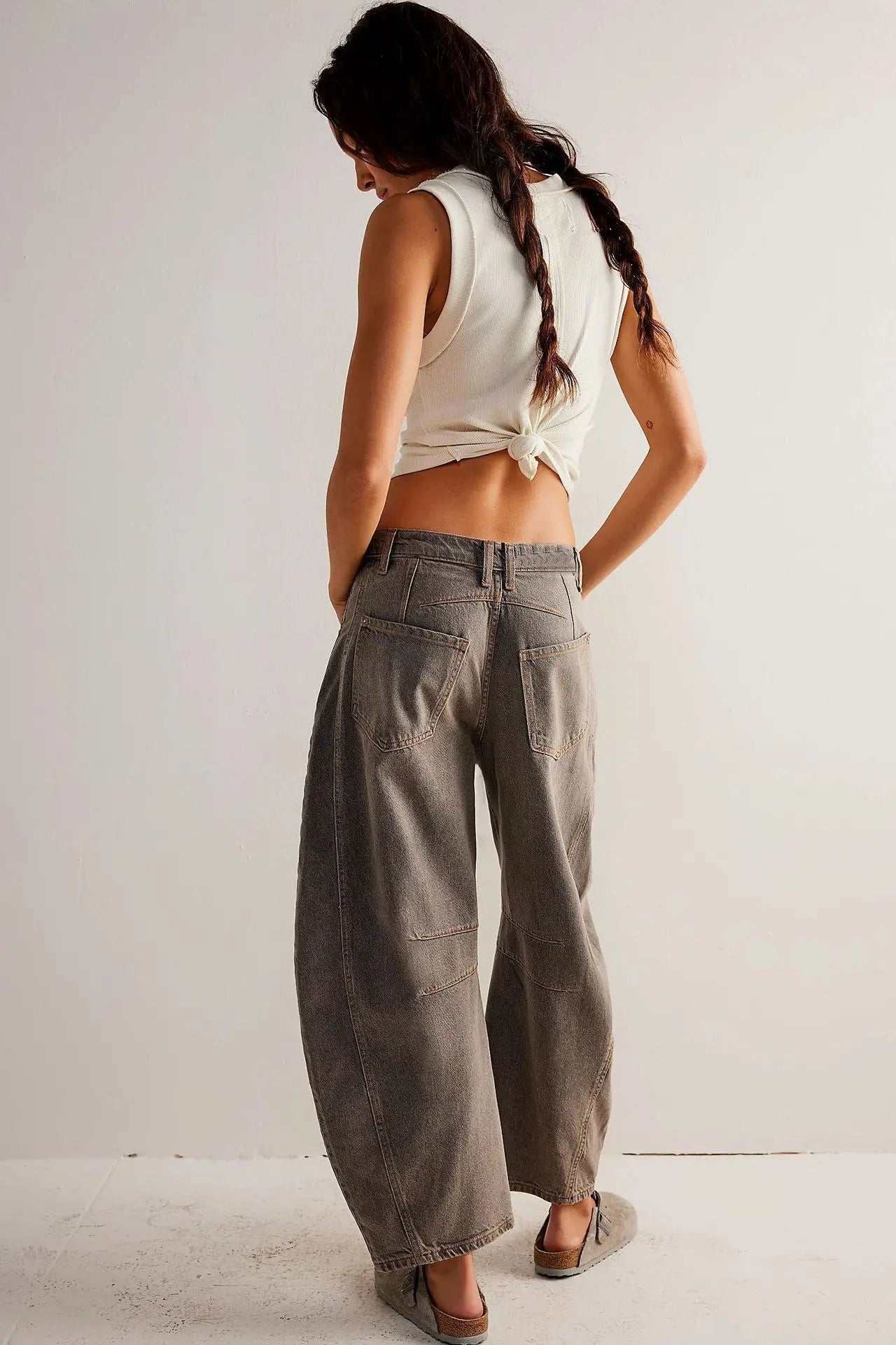 Women Loose Mid Waist Jeans Denim Full Length Pants Sexy Fashion Solid Color Trousers Denim Pockets Bleached