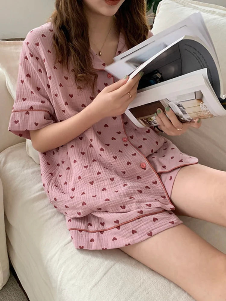 Cotton Women's Pajamas Korean Sleepwear Summer 2021 Pijama Heart Print Pyjamas Short Sleeve 2 Piece Set Suits Loungewear
