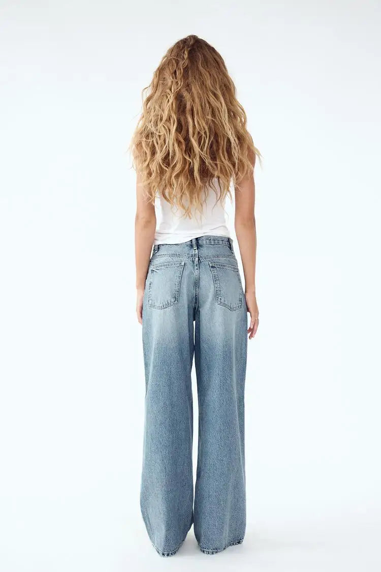 2025 Asymmetrical Diagonal Buckle Sense Design Wide-leg Jeans. Women's Four Seasons New Street Fashion Retro Casual Loose Jeans