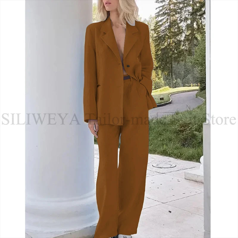 Elegant Light Blue Linen Women Suit Single Brested Jacket Pants 2 Piece Female Clothing Loose Casual Office Lady Balzer Set